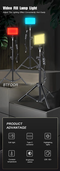 Kit d'éclairage LED pour studio photo et vidéo avec trépied et filtres RVB, idéal pour les prises de vue en direct et le streaming sur YouTube.