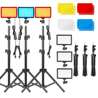 Kit d'éclairage LED pour studio photo et vidéo avec trépied et filtres RVB, idéal pour les prises de vue en direct et le streaming sur YouTube.