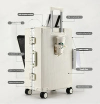 Valise à bagages roulante de grande capacité à ouverture frontale, cadre en aluminium, valise d'embarquement avec chargeur USB et porte-gobelets