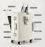 Valise à bagages roulante de grande capacité à ouverture frontale, cadre en aluminium, valise d'embarquement avec chargeur USB et porte-gobelets