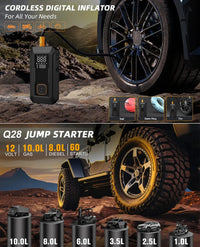 Démarreur de voiture 5 en 1 avec compresseur d'air, booster de batterie auto 1500 A, pompe à air 150 PSI, batterie externe portable et gonfleur de pneus