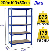 Étagère Industrielle Lourde 5 Niveaux Réglables 875KG Charge Max, Sans Boulons - Rangement Métal Garage Atelier Cave Entrepôt 200x100x50cm