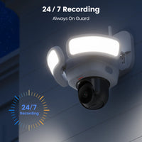Caméra de surveillance extérieure sans fil Dekco 3K UHD WiFi avec projecteur, vision nocturne couleur à 360°, détection PIR et audio bidirectionnel.