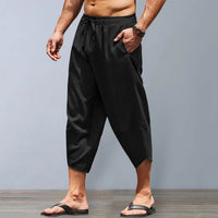 Pantalon large en coton et lin pour homme, sarouel décontracté, longueur mollet, pantalon baggy, vêtements de plage hawaïens, mode Harajuku, été