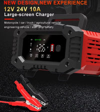 Chargeur de batterie portable 20 A/10 A pour voiture, moto et camion (12 V/24 V), automatique, AGM LiFePO4, plomb-acide, avec fonction marche/arrêt et réparation.