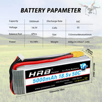 Batterie LiPo HRB 5S 18,5 V 5000 mAh (1/2 pièce) avec connecteur XT90 pour drone, hélicoptère, avion, voiture, bateau, camion (compatible 10S).