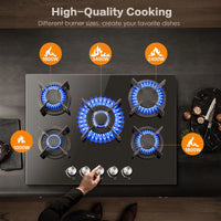 Plaque de cuisson au gaz naturel propane avec protection automatique contre les flammes, verre intégré, 5 brûleurs, 70 cm