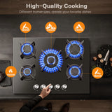 Plaque de cuisson au gaz naturel propane avec protection automatique contre les flammes, verre intégré, 5 brûleurs, 70 cm
