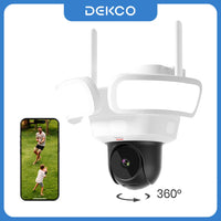 Caméra de surveillance extérieure sans fil Dekco 3K UHD WiFi avec projecteur, vision nocturne couleur à 360°, détection PIR et audio bidirectionnel.