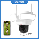Caméra de surveillance extérieure sans fil Dekco 3K UHD WiFi avec projecteur, vision nocturne couleur à 360°, détection PIR et audio bidirectionnel.
