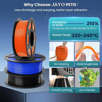 Filament PETG JAYO pour imprimante 3D FDM, 2 bobines de 1,75 mm, enroulement soigné, 2,2 kg/lot