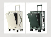 Valise à bagages roulante de grande capacité à ouverture frontale, cadre en aluminium, valise d'embarquement avec chargeur USB et porte-gobelets