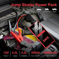 Démarreur de voiture EAFC 2000A avec compresseur d'air, écran LCD, chargeur de batterie externe et gonfleur de pneus.