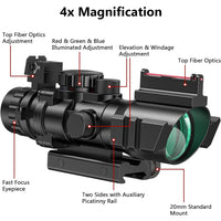 Lunette tactique 4x32 avec viseur à fibre optique, réticule éclairé RGB, lunette à prisme, lunettes de chasse avec rail Picatinny de 20 mm