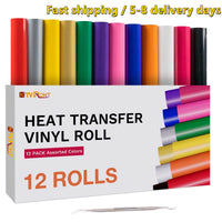 HTVRONT Lot de 12 rouleaux de vinyle thermocollant multicolores de 30,5 cm x 1,5 m pour Cricut, impression sur t-shirts et casquettes, film HTV à repasser (cadeau)