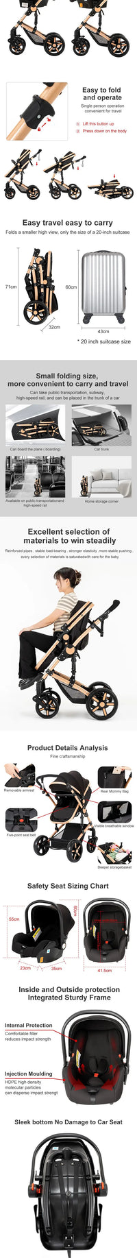 Poussette compacte 3 en 1, combinaison poussette-siège auto, poussette multifonctionnelle haute pour bébé et enfant en bas âge.