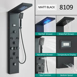 Panneau de douche LED noir, système de tour, cascade de pluie, colonne de douche, Massage hydroélectricité, corps Spa, bain-douche, mélangeur de robinet