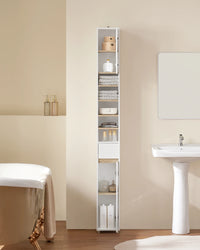 Armoire de salle de bain haute SoBuy BZR34 à 5 compartiments, 1 tiroir et portes, blanche, dimensions approximatives : 20 x 180 x 20 cm.