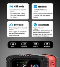 Chargeur de batterie portable 20 A/10 A pour voiture, moto et camion (12 V/24 V), automatique, AGM LiFePO4, plomb-acide, avec fonction marche/arrêt et réparation.