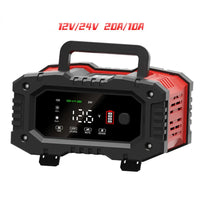 Chargeur de batterie portable 20 A/10 A pour voiture, moto et camion (12 V/24 V), automatique, AGM LiFePO4, plomb-acide, avec fonction marche/arrêt et réparation.
