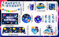 Décorations de fête d'anniversaire spatial, 88 pièces, décorations d'anniversaire et ensemble de vaisselle d'anniversaire pour espace extérieur, assiettes de fête, nappe, toile de fond