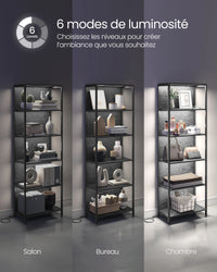 VASAGLE Bibliothèque LED à 6 Niveaux, Étagère à Lumière Réglable, Meuble de Rangement avec Cadre en Acier, 30,3 x 60 x 178,6 cm, pour Salon, Chambre, Bureau
