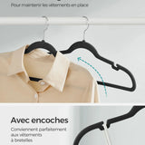 Cintres en Velours, Lot de 30/50, Antiglisse, avec Encoches, Barre pour Pantalons, Crochet Pivotant à 360°, Gain de Place, Épaisseur 0,6 cm, Longueur de 43 cm, Beige Sable/Noir Classique/Gris/Blanc/Rose Clair
