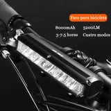 Éclairage avant pour vélo, 5200 lumens, 8000 mAh, étanche, lampe torche pour vélo de route rechargeable par USB, accessoires et équipement de cyclisme