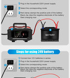 Chargeur de batterie portable 20 A/10 A pour voiture, moto et camion (12 V/24 V), automatique, AGM LiFePO4, plomb-acide, avec fonction marche/arrêt et réparation.