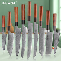 Couteau de chef japonais TURWHO forgé à la main, en acier damassé, couteau de cuisine Santoku, couteau à sashimi, couteau à pain, outil de cuisine utilitaire à lame artisanale