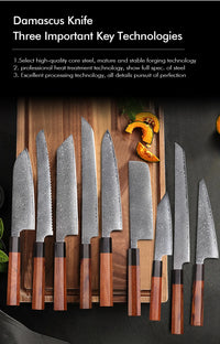 Couteau de chef japonais TURWHO forgé à la main, en acier damassé, couteau de cuisine Santoku, couteau à sashimi, couteau à pain, outil de cuisine utilitaire à lame artisanale