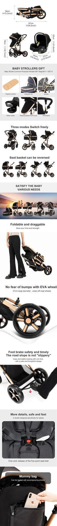 Poussette compacte 3 en 1, combinaison poussette-siège auto, poussette multifonctionnelle haute pour bébé et enfant en bas âge.
