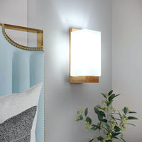 Applique murale d'intérieur en bois, lampe murale moderne E27 au design minimaliste, abat-jour en verre, idéale pour chambre, salon, couloir ou café.
