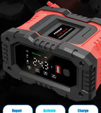 Chargeur de batterie portable 20 A/10 A pour voiture, moto et camion (12 V/24 V), automatique, AGM LiFePO4, plomb-acide, avec fonction marche/arrêt et réparation.