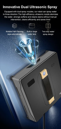 Aspirateur robot pour vitres ABIR WD8, double jet d'eau, essuyage intelligent par IA, laser amélioré, lavage intelligent des parois vitrées.