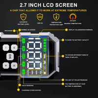 Démarreur de voiture 7000 A avec compresseur d'air, booster de batterie 12 V, batterie externe avec lampe torche LED et câble intelligent avec affichage de la tension.