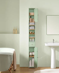 Armoire de salle de bain haute SoBuy BZR34 à 5 compartiments, 1 tiroir et portes, blanche, dimensions approximatives : 20 x 180 x 20 cm.