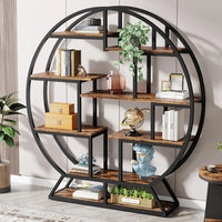 Bibliothèque, bibliothèque ronde Etagere, étagère à livres industrielle en bois de 63 pouces avec étagères décalées, salon