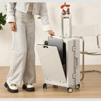 Valise à bagages roulante de grande capacité à ouverture frontale, cadre en aluminium, valise d'embarquement avec chargeur USB et porte-gobelets