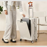 Valise à bagages roulante de grande capacité à ouverture frontale, cadre en aluminium, valise d'embarquement avec chargeur USB et porte-gobelets