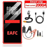 Démarreur de voiture EAFC 2000A avec compresseur d'air, écran LCD, chargeur de batterie externe et gonfleur de pneus.