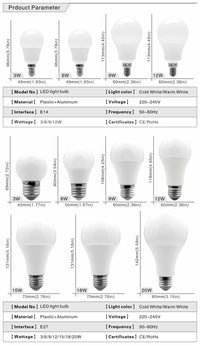 Lot de 10 ampoules LED E27/E14 (20W, 18W, 15W, 12W, 9W, 6W, 3W) - Alimentation 220V - Éclairage spot - Blanc froid/chaud