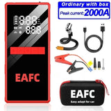 Démarreur de voiture EAFC 2000A avec compresseur d'air, écran LCD, chargeur de batterie externe et gonfleur de pneus.