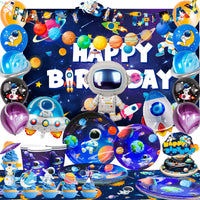 Décorations de fête d'anniversaire spatial, 88 pièces, décorations d'anniversaire et ensemble de vaisselle d'anniversaire pour espace extérieur, assiettes de fête, nappe, toile de fond