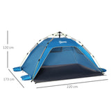 Tente de plage pop-up Outsunny avec 2 portes 2 fenêtres 220X173X120 cm Bleu