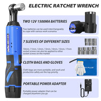 Clé à cliquet électrique sans fil 3/8'' à angle droit 90° avec lampe de travail LED + jeu de 7 douilles, 2 batteries