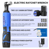 Clé à cliquet électrique sans fil 3/8'' à angle droit 90° avec lampe de travail LED + jeu de 7 douilles, 2 batteries