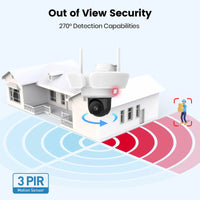 Caméra de surveillance extérieure sans fil Dekco 3K UHD WiFi avec projecteur, vision nocturne couleur à 360°, détection PIR et audio bidirectionnel.