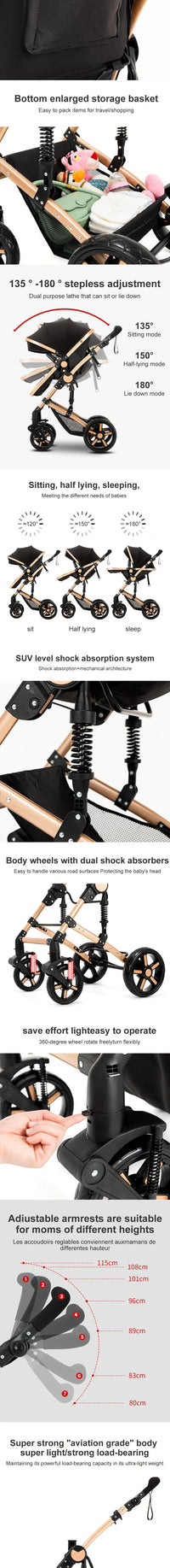 Poussette compacte 3 en 1, combinaison poussette-siège auto, poussette multifonctionnelle haute pour bébé et enfant en bas âge.