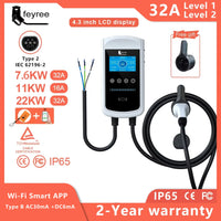 Feyree 22KW 32A Type2 EV chargeur 11KW 3P EVSE Wallbox 7.6KW 1P 4.3 pouces écran nouveau Smart APP contrôle Station de charge chargeur de voiture